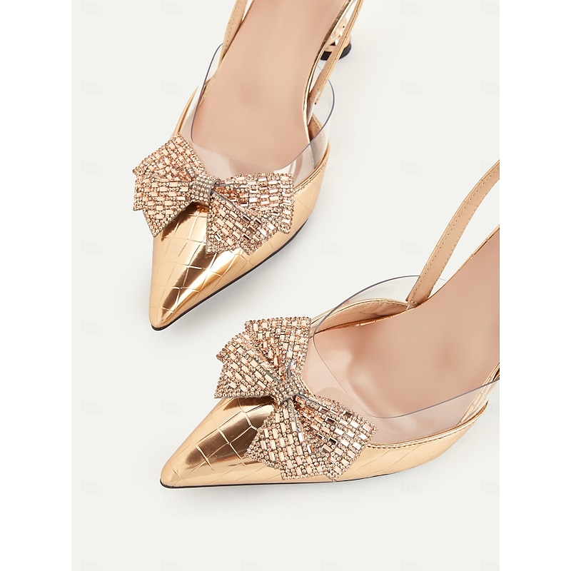 Women's Gold Quilted Slingback Heels with Bow Detail - Luxurious Pointed-Toe Design for Elegant Evening Wear4