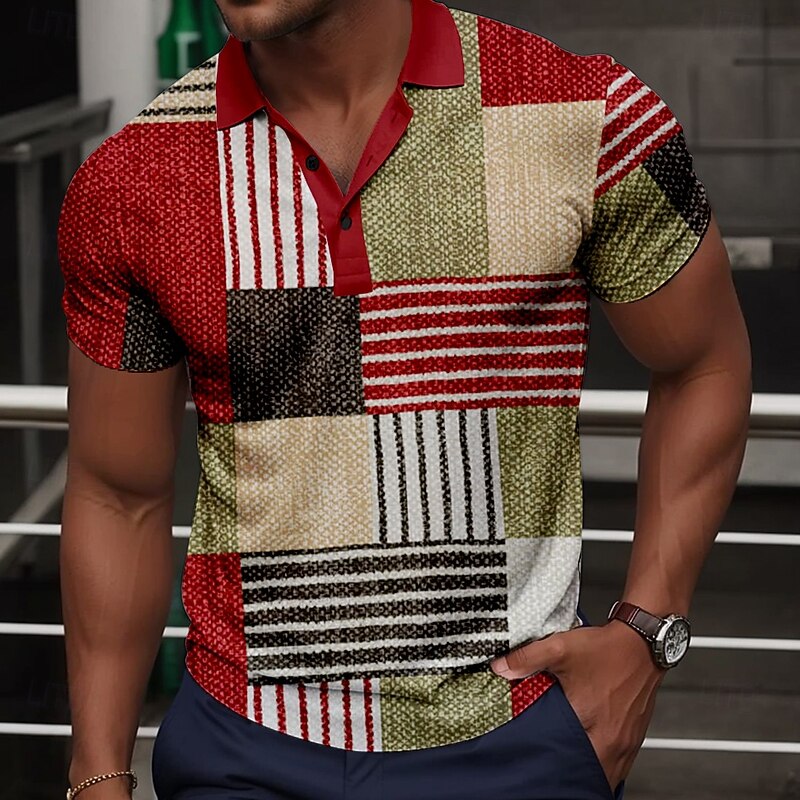 Men's Plaid Golf Shirt Short Sleeve Polo Shirts Collared Shirts Vintage Casual Vacation Wear Formal Wear Festival Wear Buttons 3D Print Summer Red Blue Green
