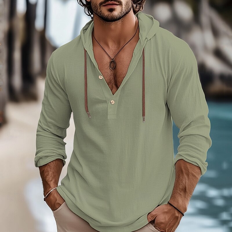 Men's Shirt Linen Shirt Summer Shirt Beach Wear Plain Vacation Curise White Blue Brown Green Long Sleeve Hooded Spring & Summer Clothing Apparel