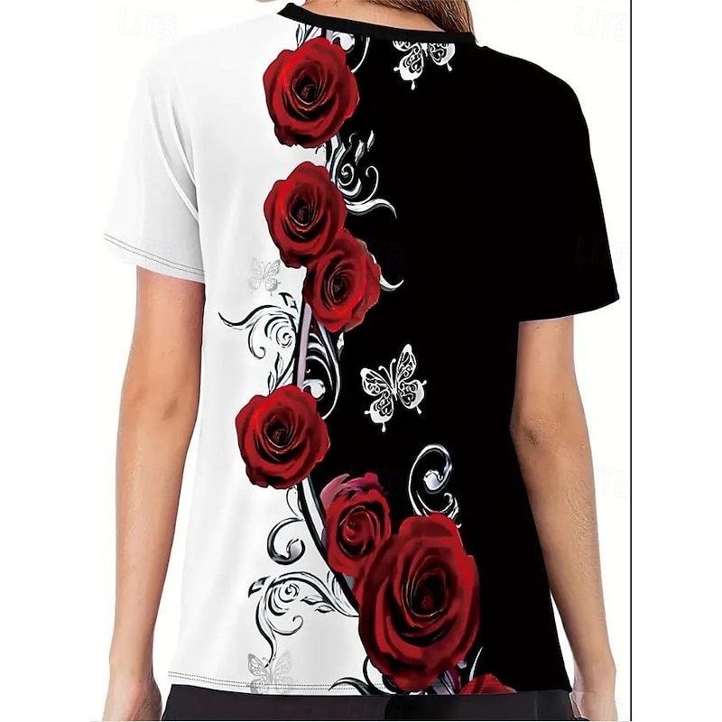 Women's T Shirt Casual Floral Print Short Sleeve Regular Tops Round Neck Daily Black and White Summer2