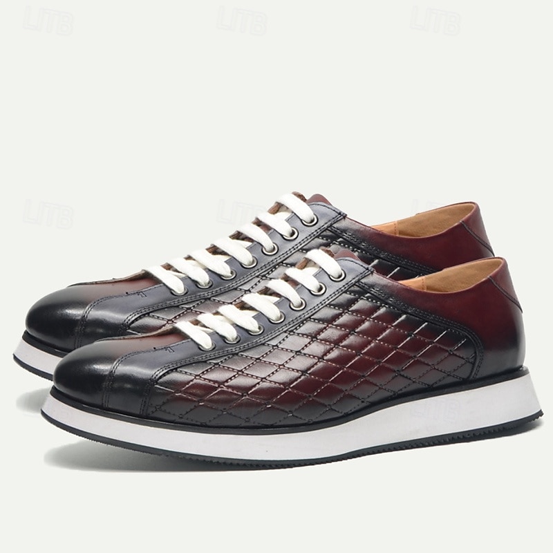 Men's Quilted Cowhide Leather Lace-Up Sneakers with Red and Black Gradient Design - Stylish Casual Shoes for Everyday Wear2