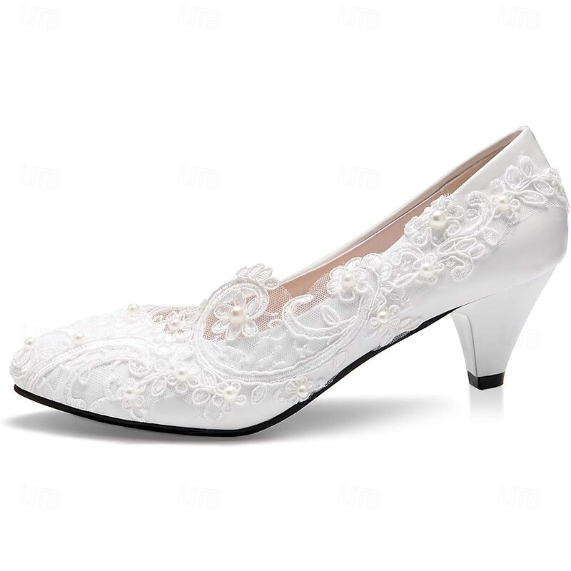 Women's Wedding Shoes White Shoes Dress Shoes Wedding Party Floral Wedding Heels Bridal Shoes Bridesmaid Shoes Imitation Pearl Lace Flower Low Heel Round Toe Cute Business Sexy PU Loafer White2