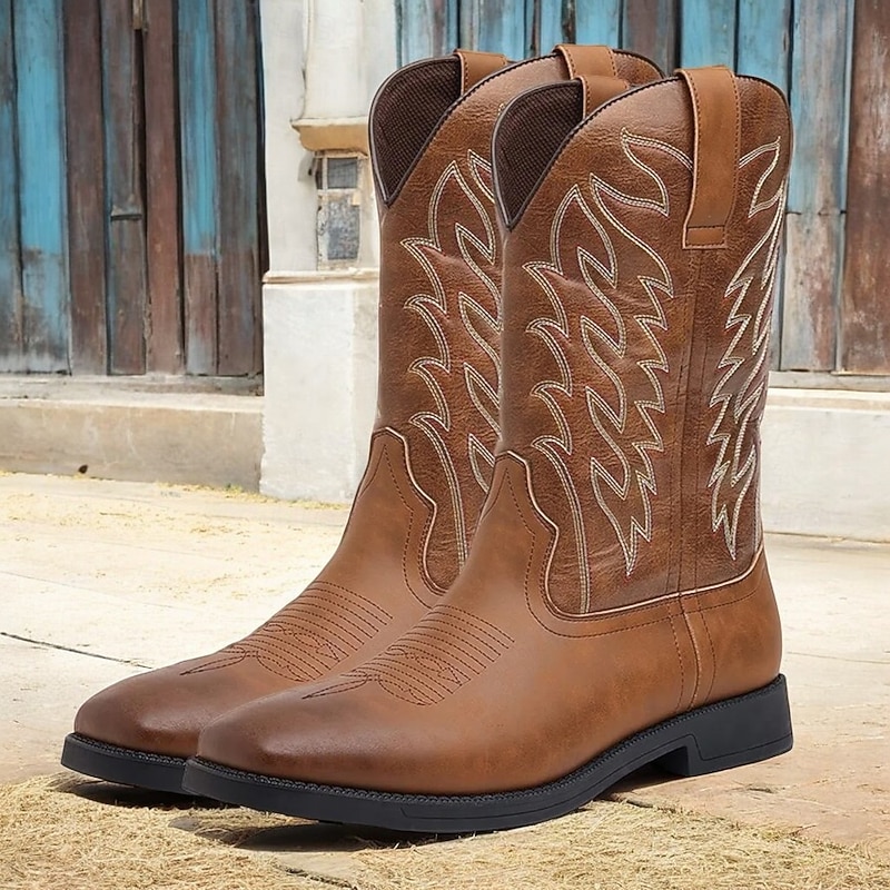 Men's Brown Western Cowboy Boots - Faux Leather with Embroidered Details for Classic Outdoor Style2