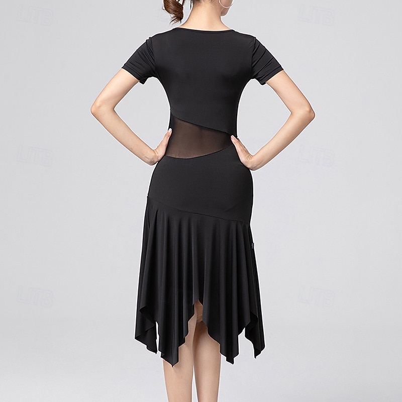 Latin Dance Dress Pure Color Splicing Women's Performance Training Short Sleeve High Polyester3