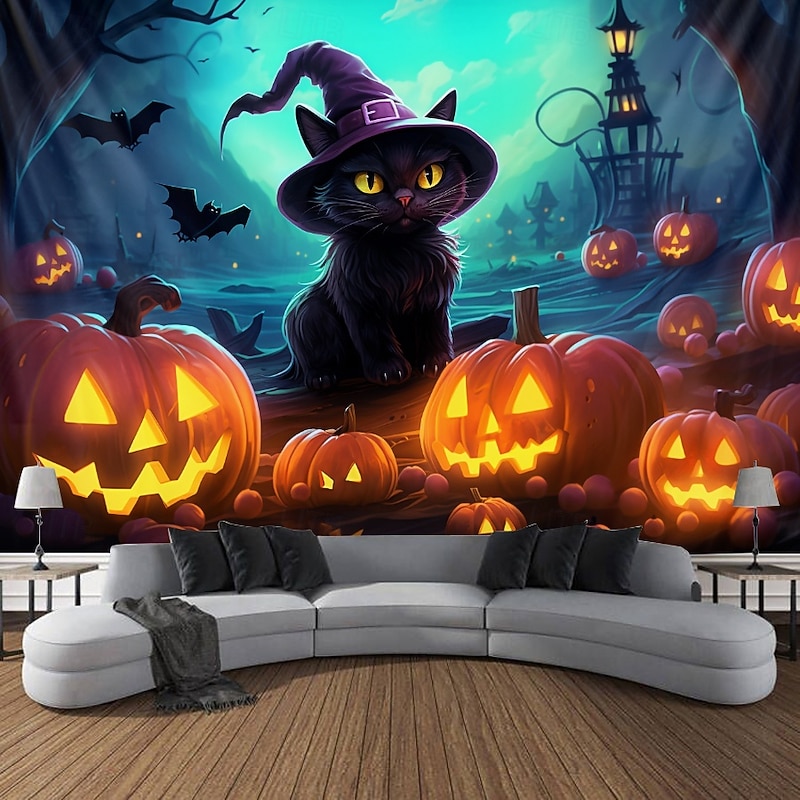 Halloween Decorations Blacklight Tapestry UV Reactive Glow in the Dark Glow Party Jack O Lantern Pumpkins Psychedelic Trippy Misty Bat Hanging Tapestry Wall Art Mural for Living Room Bedroom Black Cat2