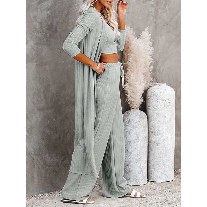 Women's Loungewear Sets 3 Pieces Pure Color Fashion Comfort Street Daily Knit Breathable Crew Neck Long Sleeve Sweater Pant Elastic Waist Fall Winter Home Outfits4