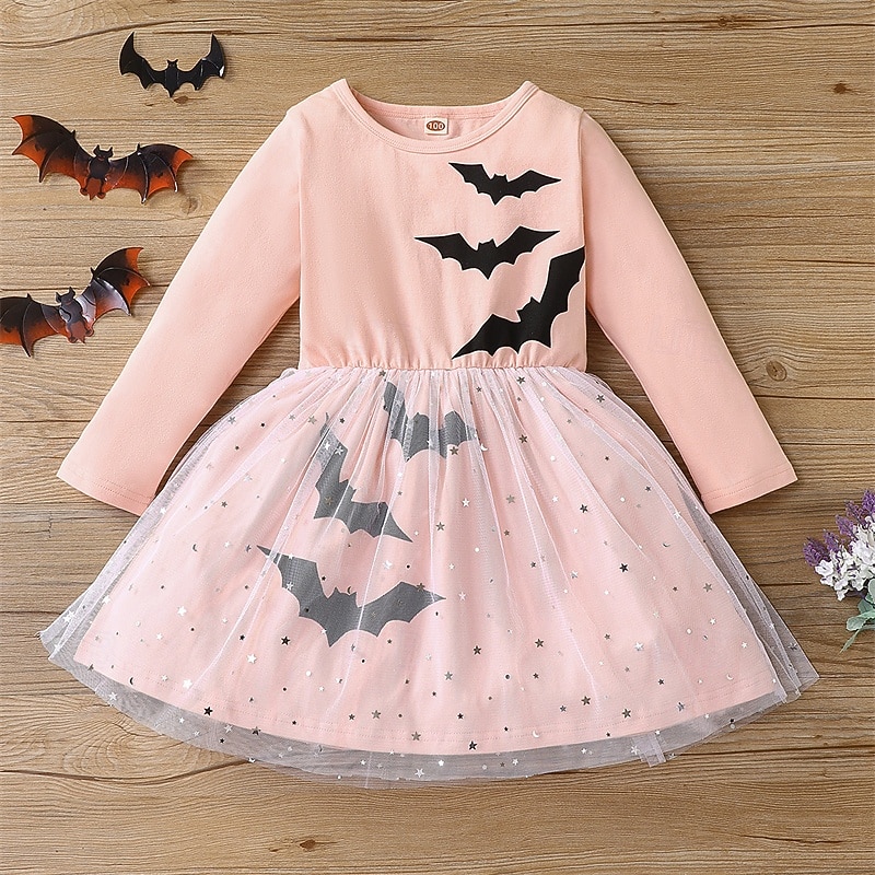 Girls' 3D Bat Dress Long Sleeve Spring Fall Vacation Daily Holiday Princess Beautiful Sweet Little Kids(4-7ys) 4-7 Years Casual Dress A Line Dress Tulle Dress Knee-length Regular Fit