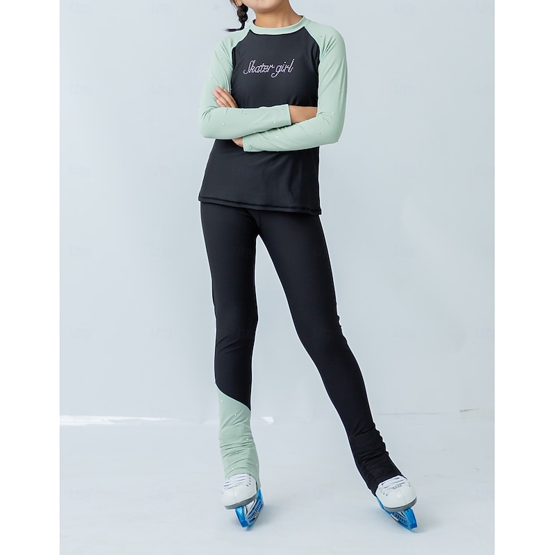 Figure Skating Pants Figure Skating Jacket with Pants Women's Girls' Ice Skating Jacket Tights Outfits Black / Orange Black Green Patchwork Thumbhole Spandex Stretchy Training Practice Professional