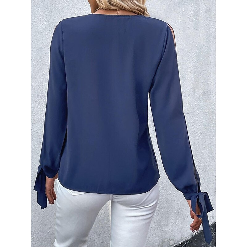 Women's Elegant Lace Tops Eyelet Blouse Stylish Modern Lace Hollow Out Long Sleeve Regular Tops V Neck Work Daily Romantic Petite Tops Summer Holiday Wear Blue Semi Formal Blouses2