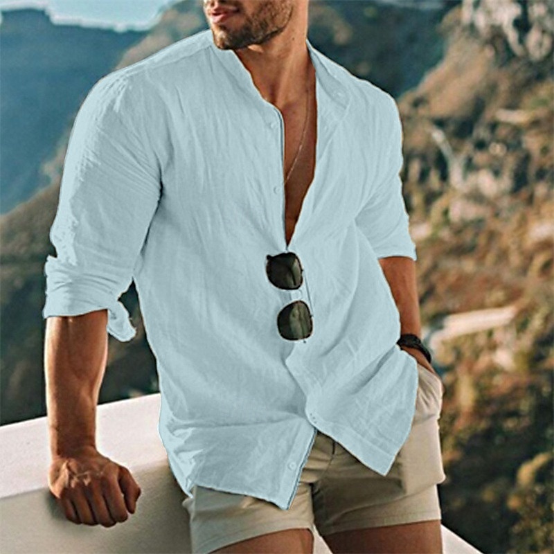 Men's Shirt Linen Shirt Band Collar Shirt Summer Shirt Beach Wear Button Up Shirt Solid Color Outdoor Vacation Black White Yellow Light Green Long Sleeve Collar Spring Fall Clothing Apparel3