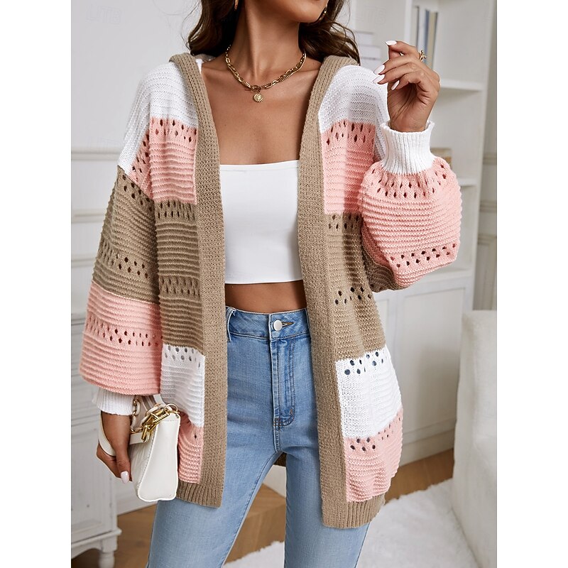 Women's Sweater Jacket Casual Sweater Casual Soft Color Block Crew Neck Hooded Lantern Sleeve Long Sleeve Regular Tops Knit Outdoor Daily Weekend Pink Fall Winter