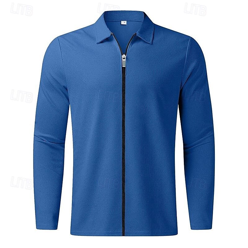 Men's Lightweight Jacket Waffle Jacket Shirt Jacket Formal Home Pocket Spring Fall Solid Color Active Neutral Shirt Collar Regular Waffle Fabric White Blue Gray Jacket3