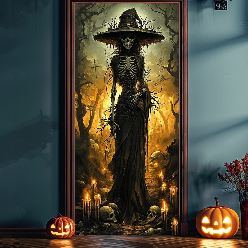 Halloween Door Decorations Halloween Door Covers Skeleton Witch Door Tapestry Door Curtain Decoration Backdrop Door Banner for Front Door Farmhouse Holiday Party Indoor Outdoor Decor Supplies3