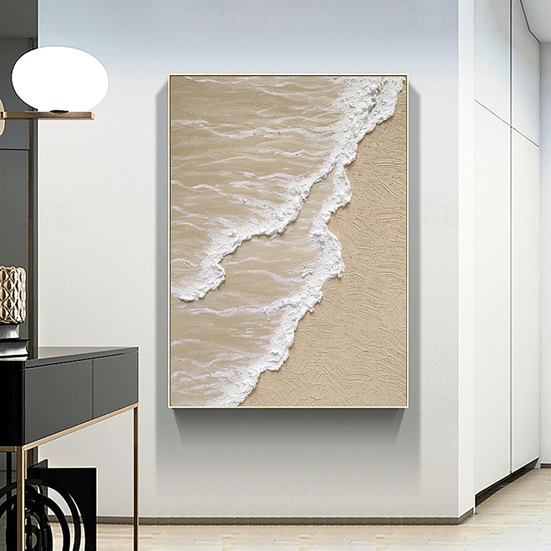 Abstract Textured Beach with Waves Painting on Canvas Hand painted Large Contemporary Art Textured Minimalist Modern Acrylic Painting Home Decor Stretched Frame Ready to Hang