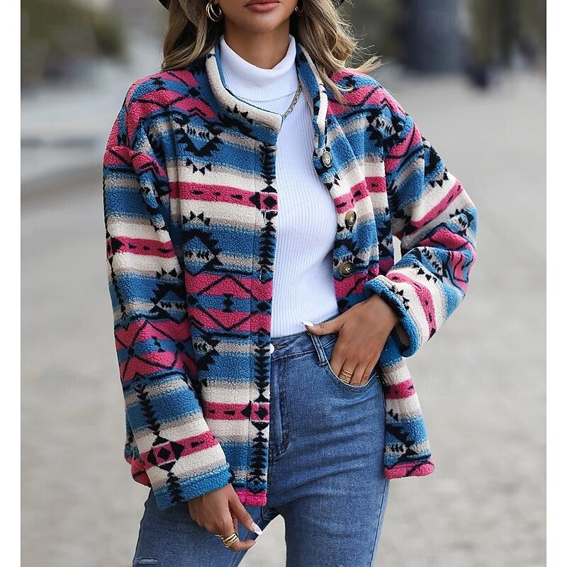 Women's Winter Coat Athleisure Holiday Daily Wear Fall Winter Regular Coat Stand Collar Regular Fit Stylish Casual Jacket Long Sleeve Geometric Slim Fit Blue