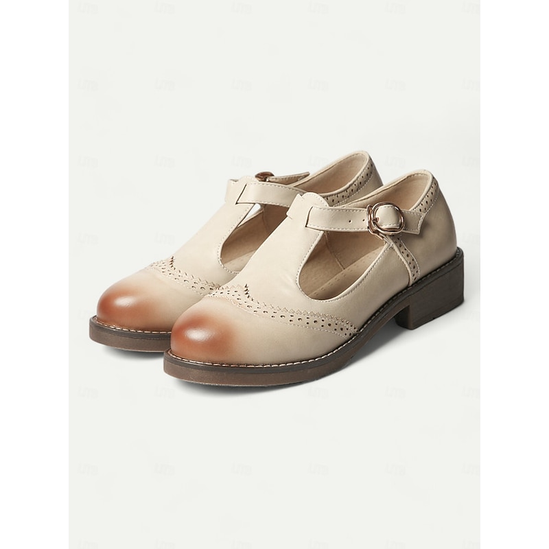 Vintage-Inspired Women's T-Strap Brogues - Elegant Leather Design with Detailed Perforations, Perfect for Business and Stylish Casual Wear - Main Image