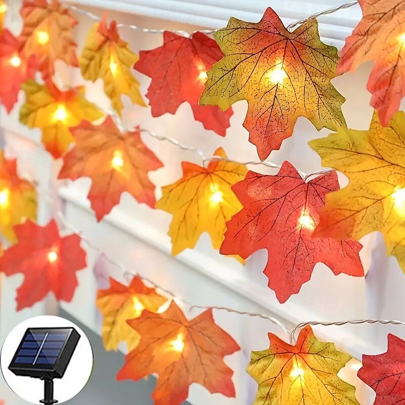 Solar Powered Artificial Maple Leaf Garland String Lights 6.5m 30LEDs Thanksgiving Halloween Autumn Leaves Decoration Outdoor Indoor Garden Patio Fireplace for Holiday Atmosphere Lighting3