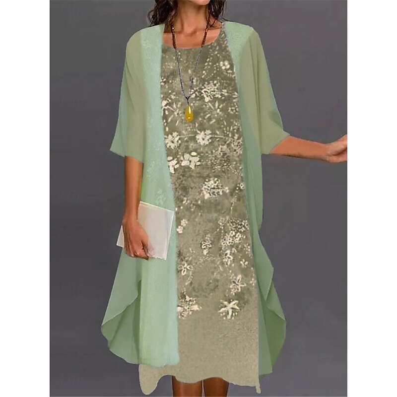 Women's Dress Set Casual Dress Print Dress Fashion Modern Floral Print Midi Dress 3/4 Length Sleeve Crew Neck Outdoor Date Blue Purple Green Fall Loose Fit2