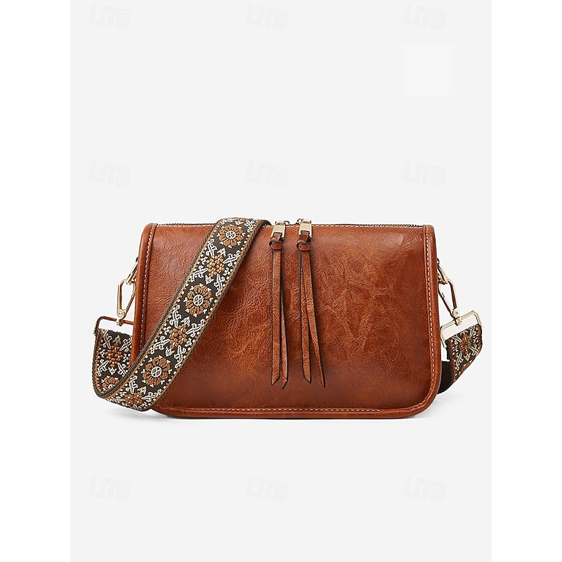Women's Brown Faux Leather Shoulder Bag with Adjustable Patterned Strap - Stylish Crossbody Purse for Casual and Boho Chic Looks4