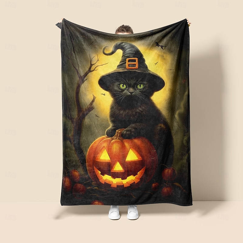 Halloween Decoration Cat Throw Blanket - Soft and Cozy Fleece with Spooky Cat Design - Perfect for Halloween Decor or Snuggling Up - Durable and High-Quality Fabric3