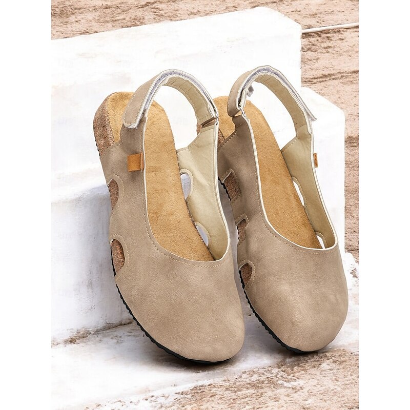 Women's Vintage-Style Beige Suede Slingback Sandals with Cut-Out Design and Cork Sole - Comfortable and Stylish for Summer Wear