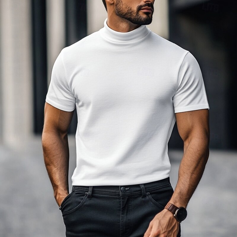 Men's T Shirt Mock Turtleneck Short Sleeve Stand Collar Summer Spring Fall & Winter Solid Color Plain Fashion Casual Comfortable Soft Vacation Street Casual Black White Top Tee for Men2