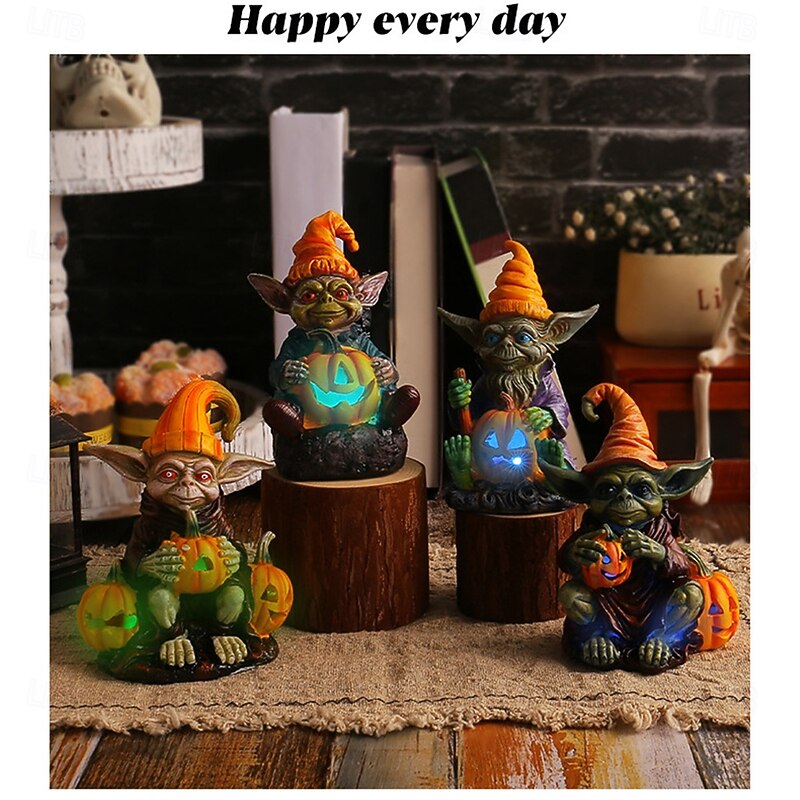 Halloween Decorations Light Up Pumpkin Lantern Elf Resin Craft Decoration Home Desktop Luminous Goblin Doll Decoration LED Night Light Holiday Party Decoration Light  1PC2