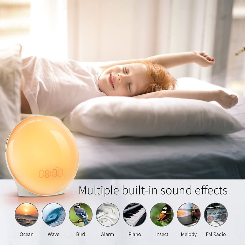 Sunrise Alarm Clock Wake Up Light, Daylight Alarm Clock Sunrise Sunset Simulation with Light Digital, 8 Natural Sounds, 14 Colour Light, 20 Brightness for Adults Childre4