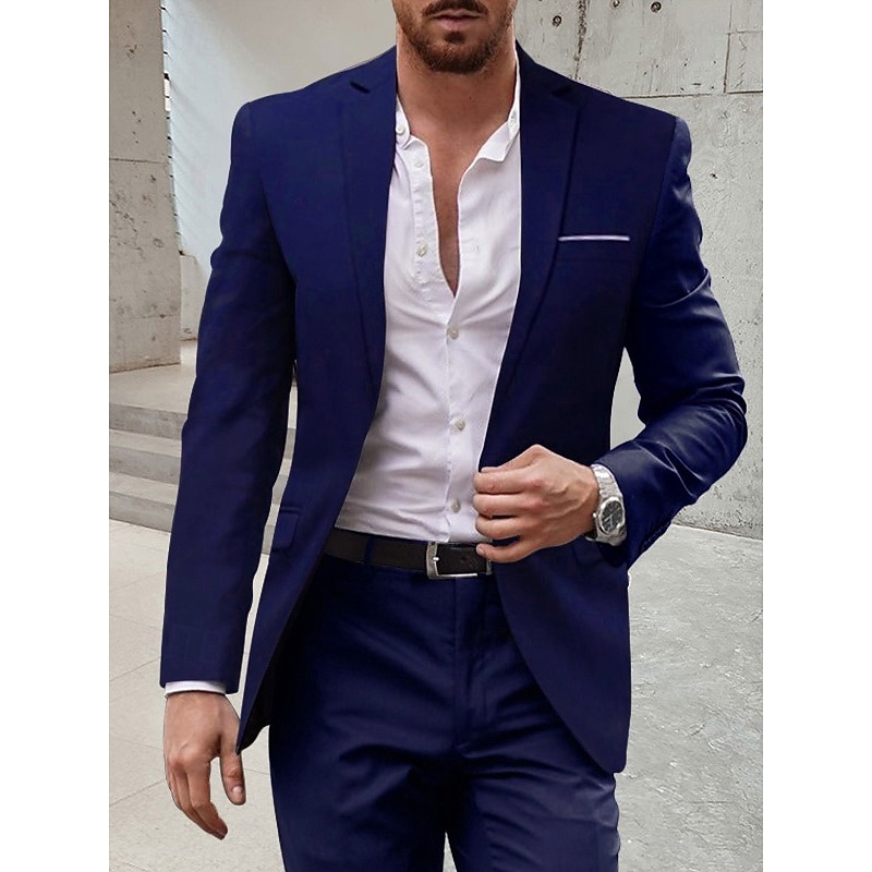 Men's Wedding Suits Notch Burgundy Royal Blue Solid Colored Tailored Fit 2 Piece Single Breasted One-button