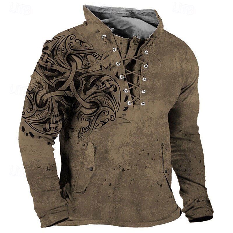 Men's Viking Warrior Graphic Prints Sweatshirt Pullover Long Sleeve Sweatshirt Standing Collar Streetwear Designer Basic 3D Print Sports & Outdoor Casual Daily Lace up Spring &  Fall2