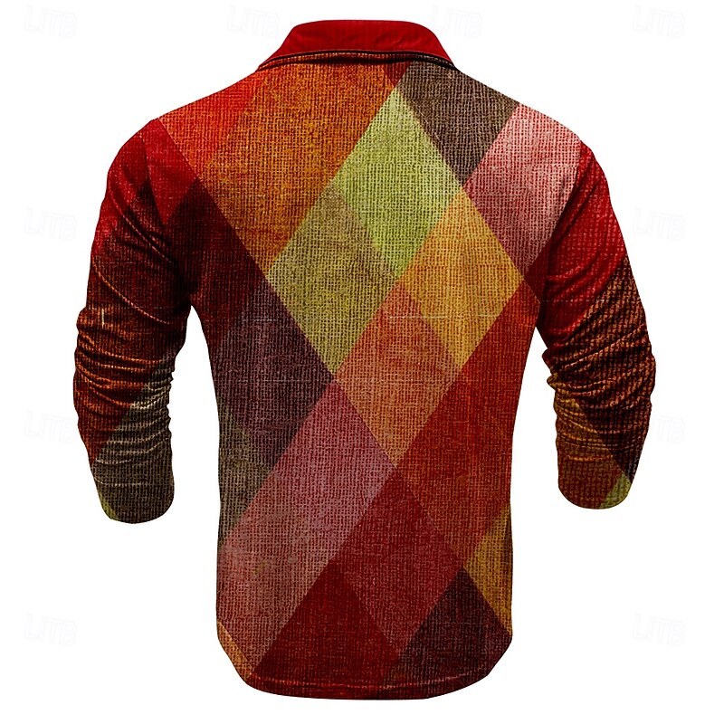 Men's Plaid Golf Shirt Long Sleeve Polo Shirts Collared Shirts Vintage Casual Vacation Wear Formal Wear Festival Wear Buttons 3D Print Spring Fall Winter Red Green2