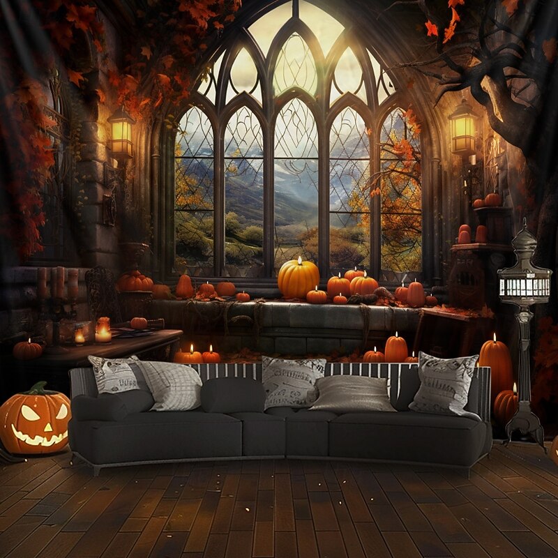 Halloween Decorations Pumpkins Window Hanging Tapestry Wall Art Large Tapestry Mural Decor Photograph Backdrop Blanket Curtain Home Bedroom Living Room Decoration3