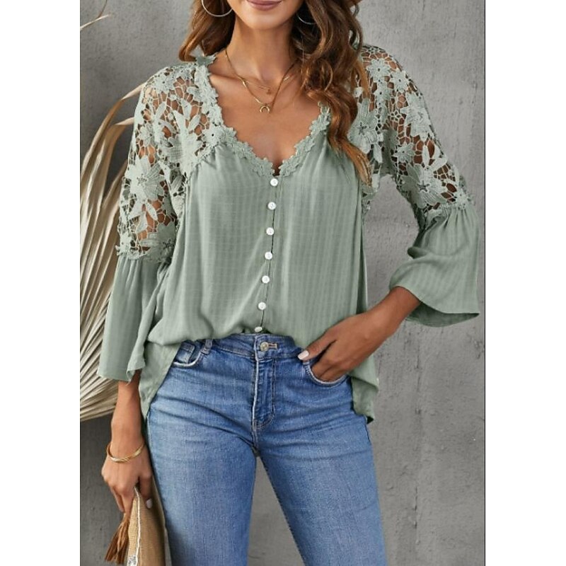 Women's White Elegant Lace Tops Eyelet Blouse Stylish Modern Lace Bell Sleeve 3/4 Length Sleeve V Neck Work Daily Black White Purple Green Spring Fall 6