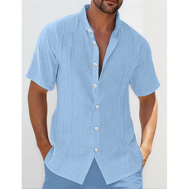 Men's Linen Shirt Guayabera Shirt Band Collar Shirt Summer Shirt Beach Wear Casual Shirt Plain Casual Daily Black White Blue Green Short Sleeve Stand Collar Summer Clothing Apparel