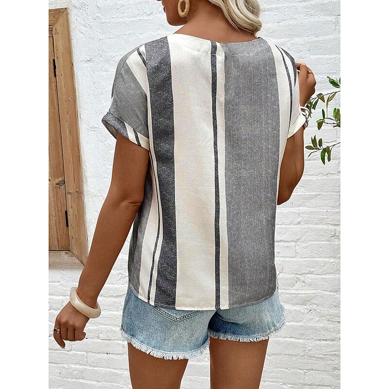 Women's Blouse Chic Striped Pattern with Button Embellishments V-neck Short Sleeve Summer Spring Casual Daily Linen Like Wear Versatile Fit Gray Black Off-white3