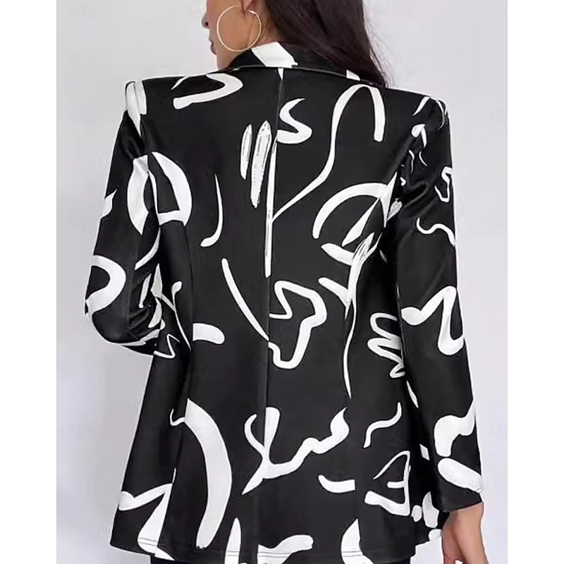 Women's Blazer Work Print Geometric Casual / Daily Stylish Regular Fit Outerwear Long Sleeve Spring Black S2