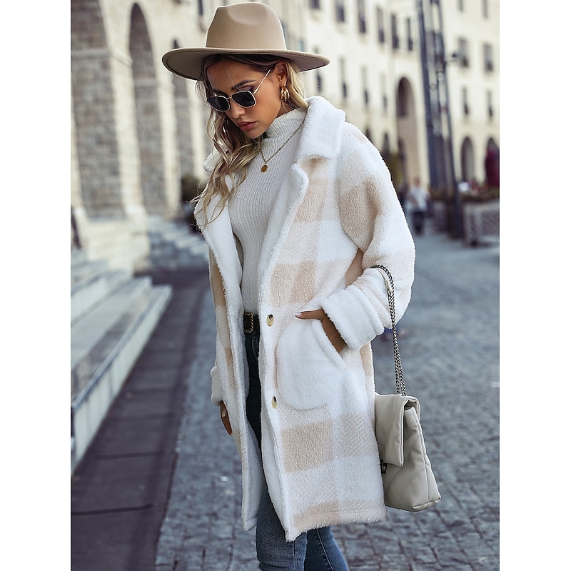 Women's Coat Warm Breathable Buttons Fashion Modern Plaid Work Casual Single Breasted Long Turndown Loose Fit Long Sleeve Outerwear White Fall Winter3