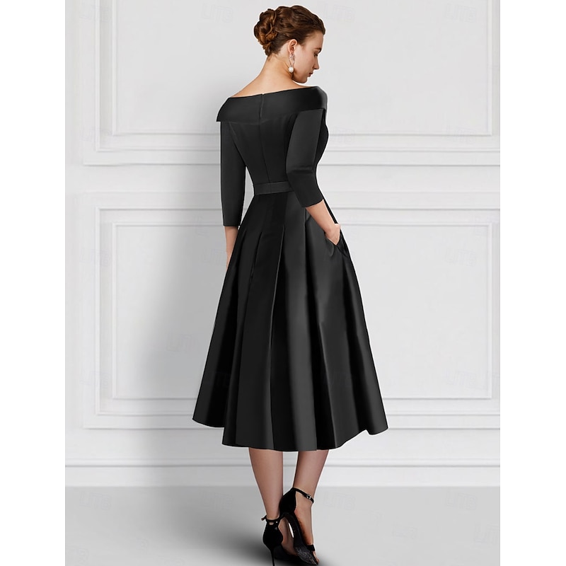 Embroidered A-Line Cocktail Dresses Tuxedo Dress Mother of Bride Elegant Formal Ankle Length 3/4 Length Sleeve Shirt Collar Pocket Satin with Appliques3