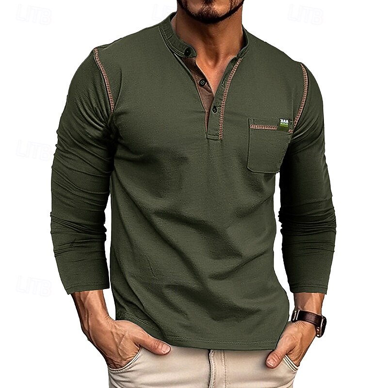 Men's Button T Shirt T Shirt Henley Shirt Tee Long Sleeve Henley Spring &  Fall Color Block Fashion Designer Basic Patchwork Vacation Street Going out Black White Wine Top Tee for Men4