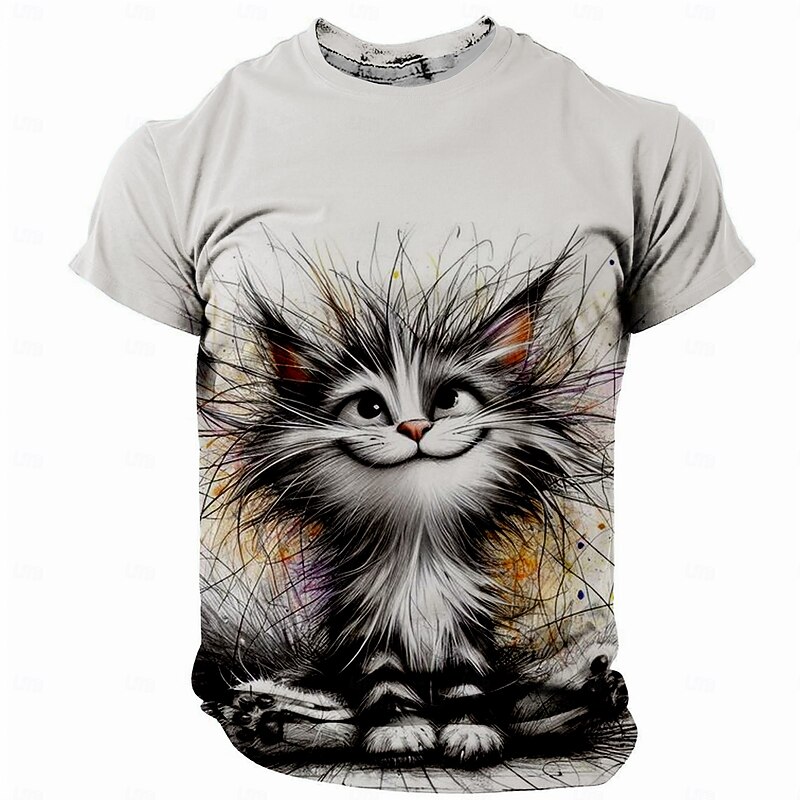 Men's Cat Funny T Shirt Short Sleeve T shirt 3D Print Crew Neck Shirt Retro Vintage Casual Street Casual Bar Light Blue White Khaki Spring & Summer Clothing Apparel S M L XL XXL XXXL