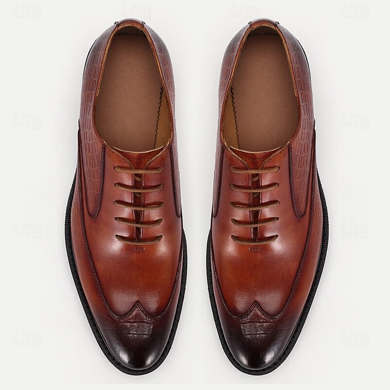 Men's Brown Leather Oxford Shoes with Crocodile Embossed Pattern - Rugged Sole and Classic Design for Formal and Casual Wear4