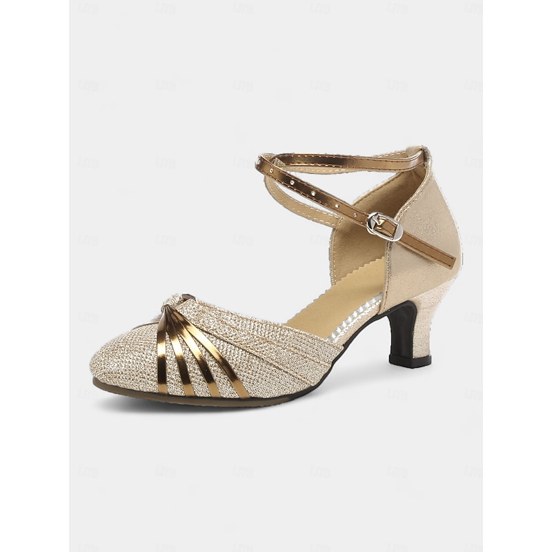 Women's Soft Sole Black and Gold Ballroom Dance Shoes - Comfortable Mid-Heel Ankle Strap Dance Shoes4