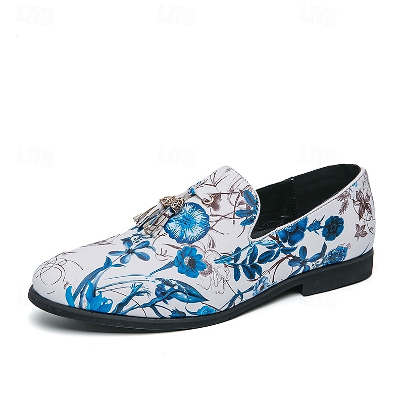 Men's Floral Print Loafers with Tassel Detail - Vintage Style Slip-On Dress Shoes for Formal Occasions3