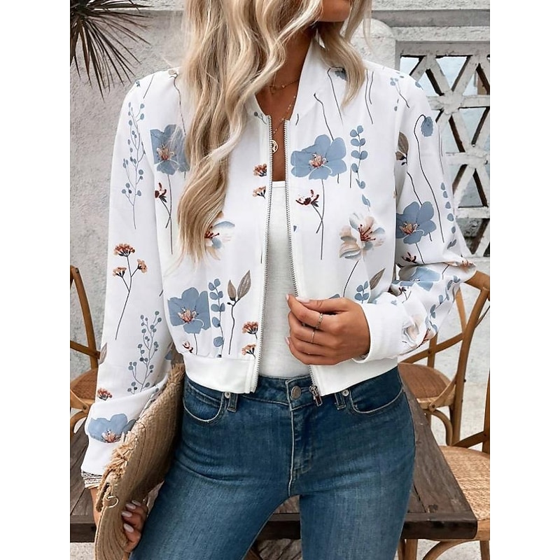 Women's Jacket Party Zipper Floral Windproof Fashion Regular Fit Outerwear Long Sleeve Fall White S4