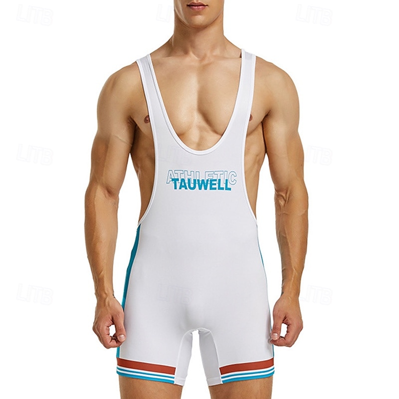 Men's Wrestling Suit Body Shaping Jumpsuit Shapewear Breathable Quick Dry High Stretch Summer Spring Polyester Outdoor Walking Jogging White Blue