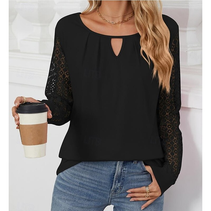 Women's Blouse Rayon Elegant Stylish Modern Solid Color Mesh Backless Patchwork Long Sleeve Crew Neck Daily Black White Pink Blue Spring Fall Winter4