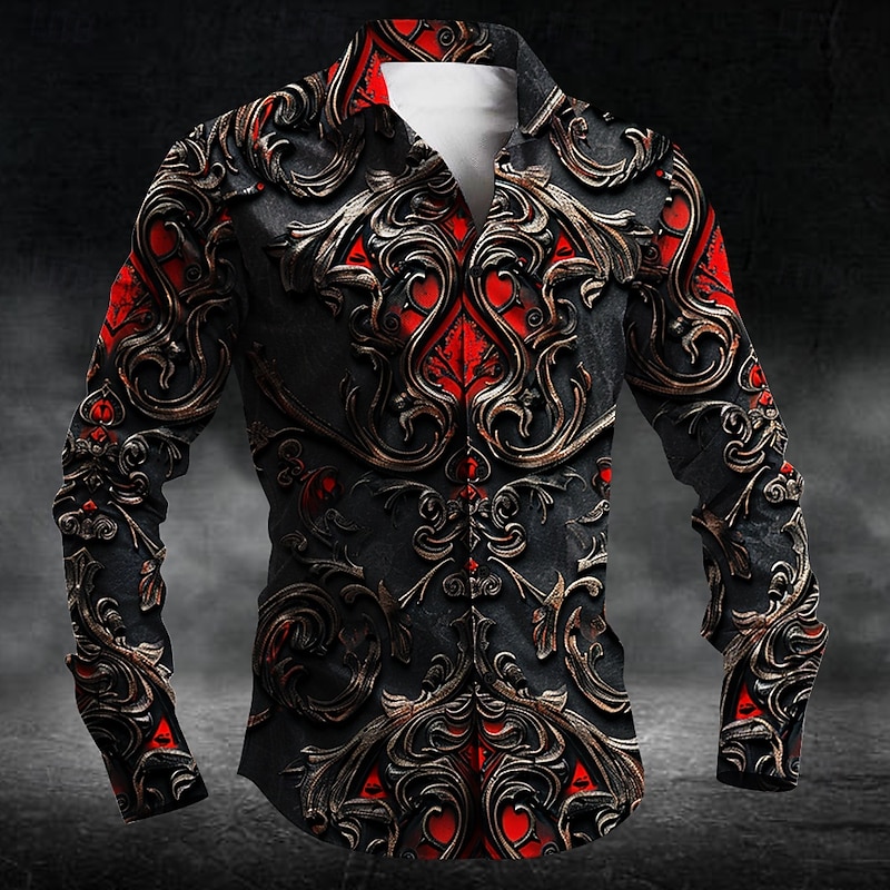 Men's Halloween Costumes Day of the Dead Button Up Shirt Long Sleeve Dark Party Evening Wear Business Daily Fall Winter Spring & Summer Shirt Collar Button Up 3D Print Red Purple Orange Green Dark