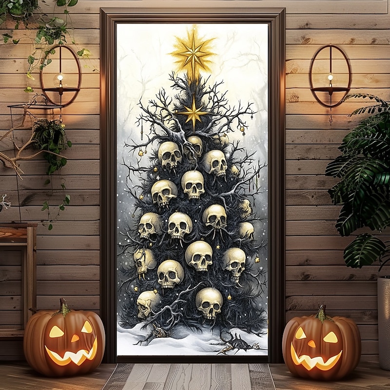 Halloween Christmas Door Decorations Halloween Door Covers Skeleton Door Tapestry Tree Door Curtain Decoration Backdrop Door Banner for Front Door Farmhouse Holiday Party Decor Supplies3