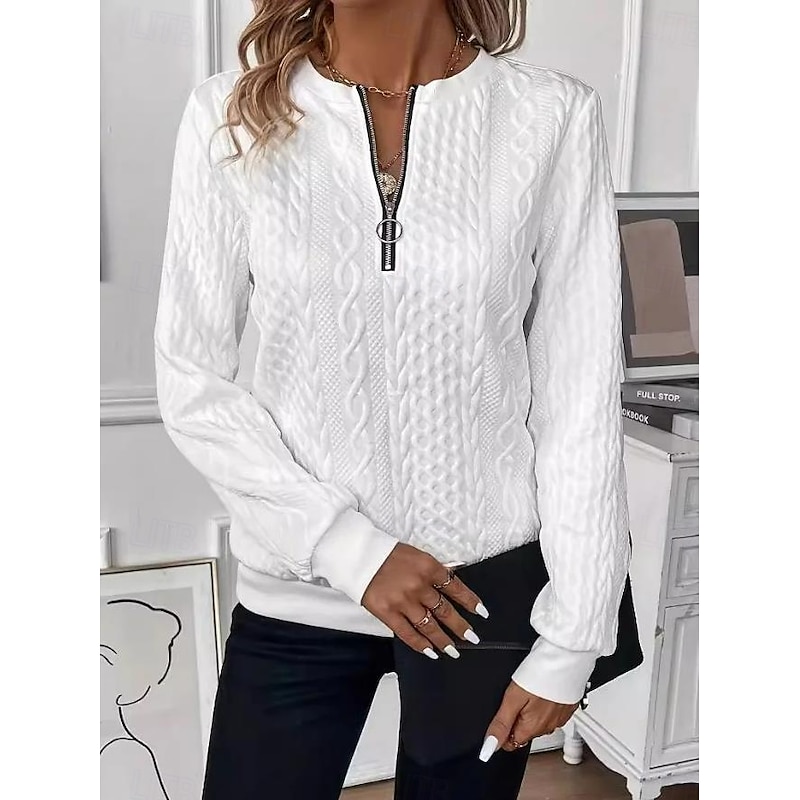 Women's Sweatshirt Elegant Modern Plain Work Crew Neck Zipper Loose Fit Long Sleeve Black White Pink Gray Spring Fall2