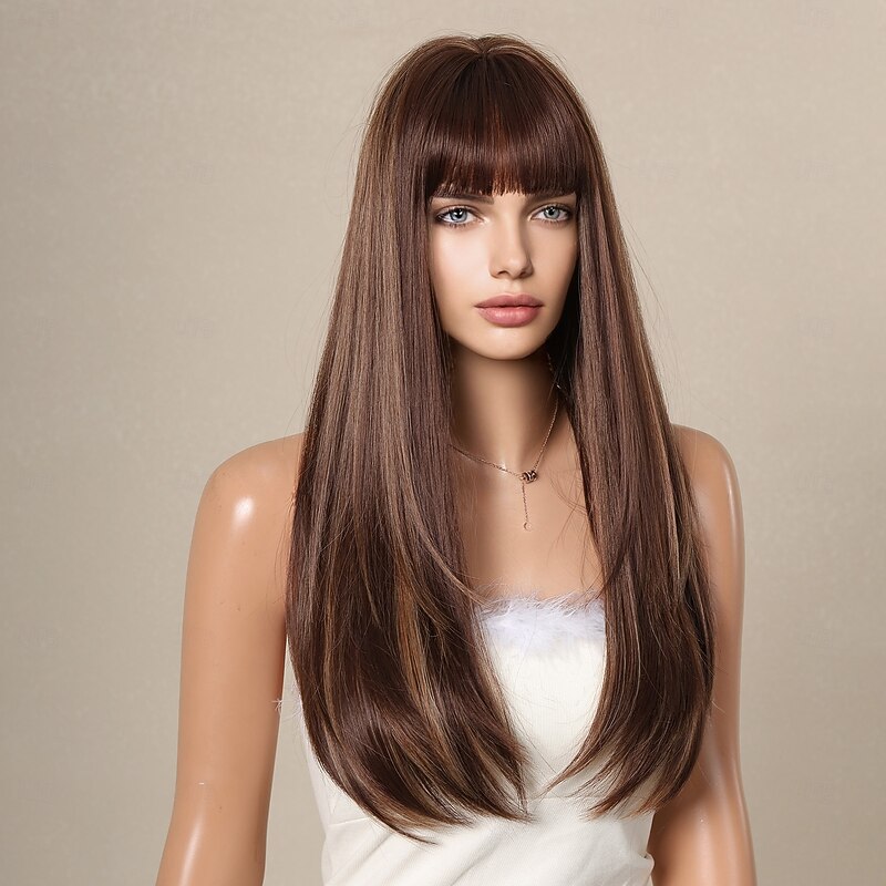 Synthetic Wig Straight kinky Straight Middle Part Wig 26 inch Dark Brown Synthetic Hair Women's Middle Part Cool Adorable Dark Brown3
